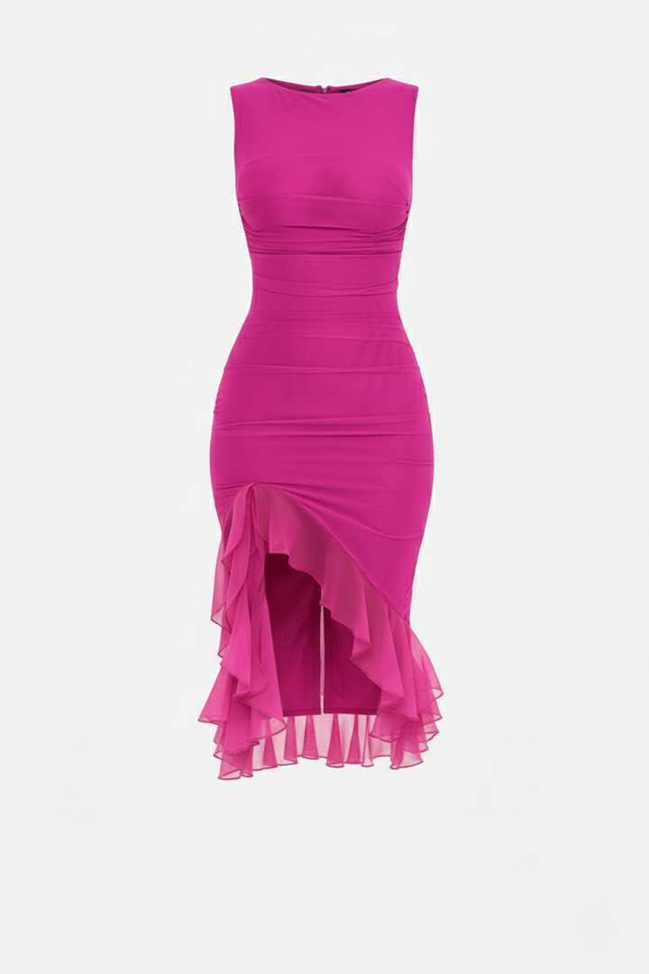 Ruched Sleeveless Bodycon Midi Dress Ruffle Side Slit - Siopie