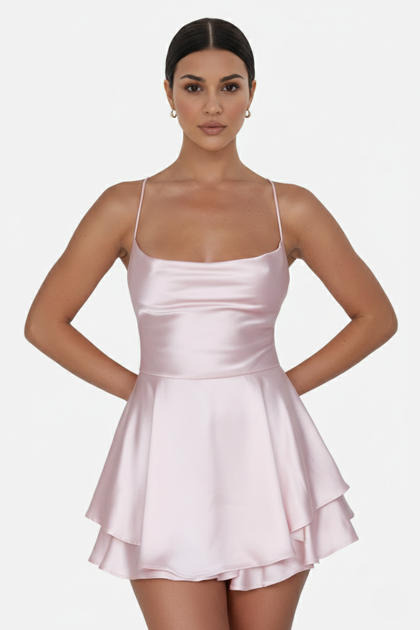 Satin Spaghetti Strap Tiered Mini Dress with Lace Up Back - Siopie