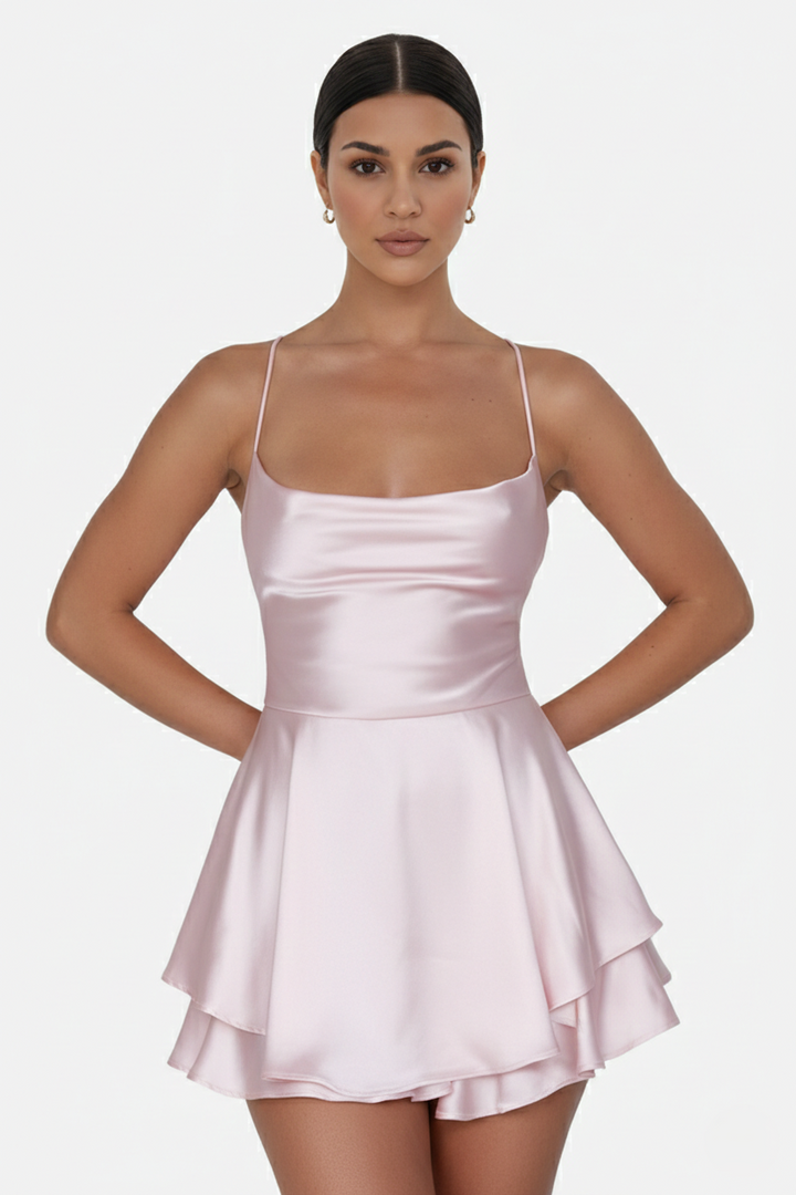 Satin Spaghetti Strap Tiered Mini Dress with Lace Up Back - Siopie