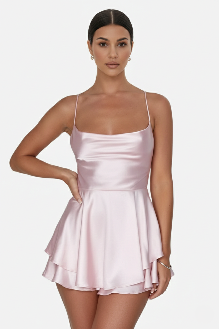 Satin Spaghetti Strap Tiered Mini Dress with Lace Up Back - Siopie
