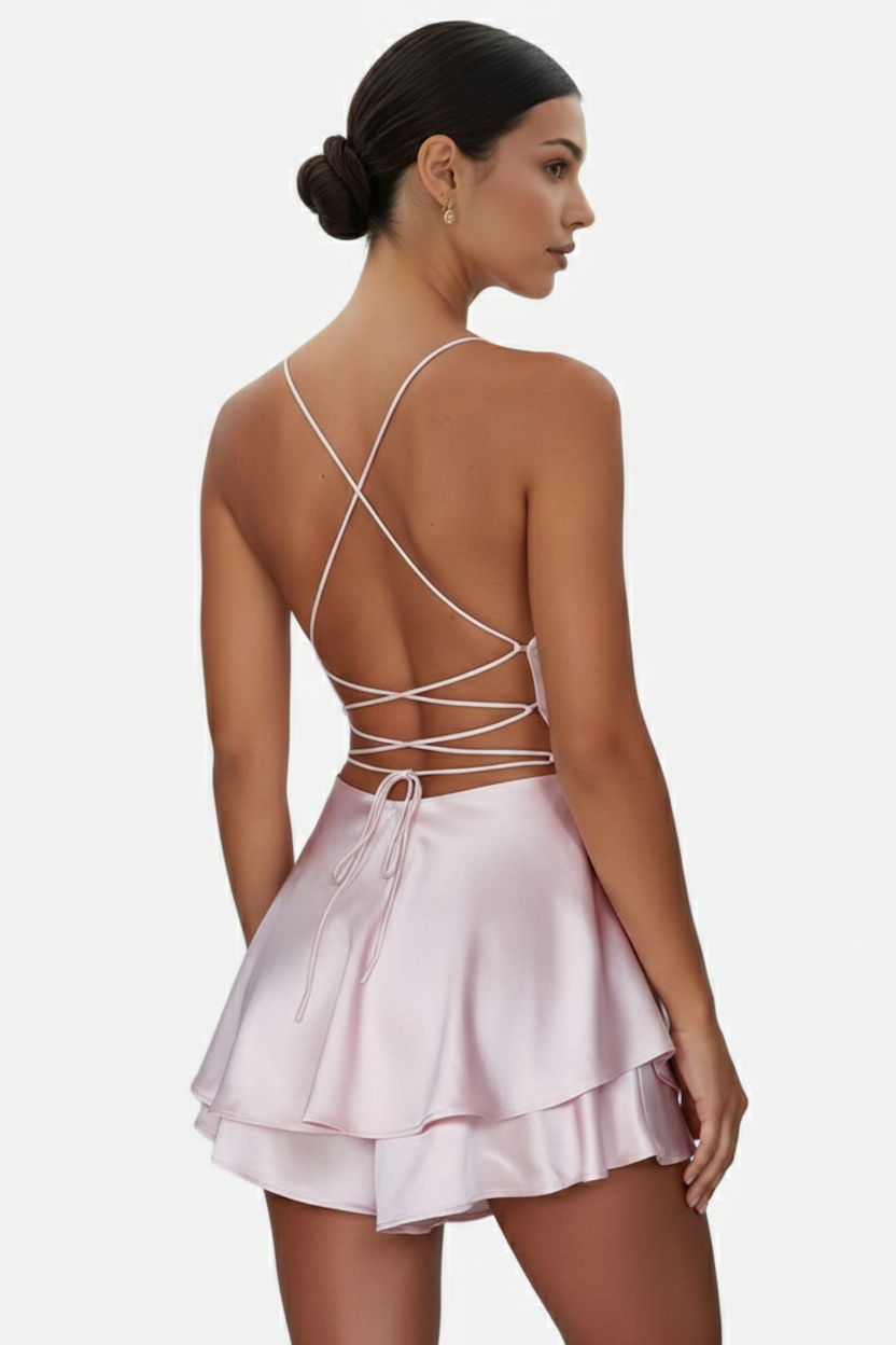 Satin Spaghetti Strap Tiered Mini Dress with Lace Up Back - Siopie