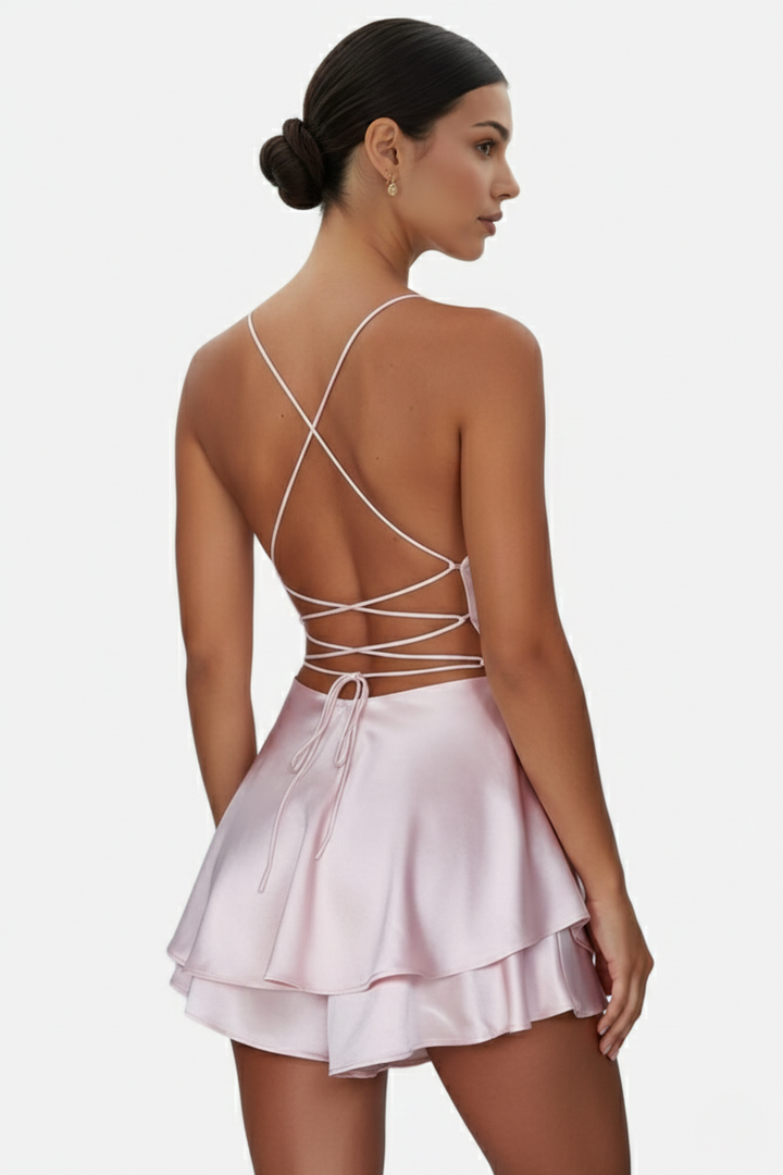 Satin Spaghetti Strap Tiered Mini Dress with Lace Up Back - Siopie