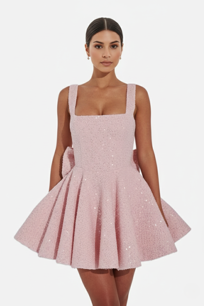 Sequin Square Neck Mini Dress with Structured Skirt and Bow Back Detail - Siopie