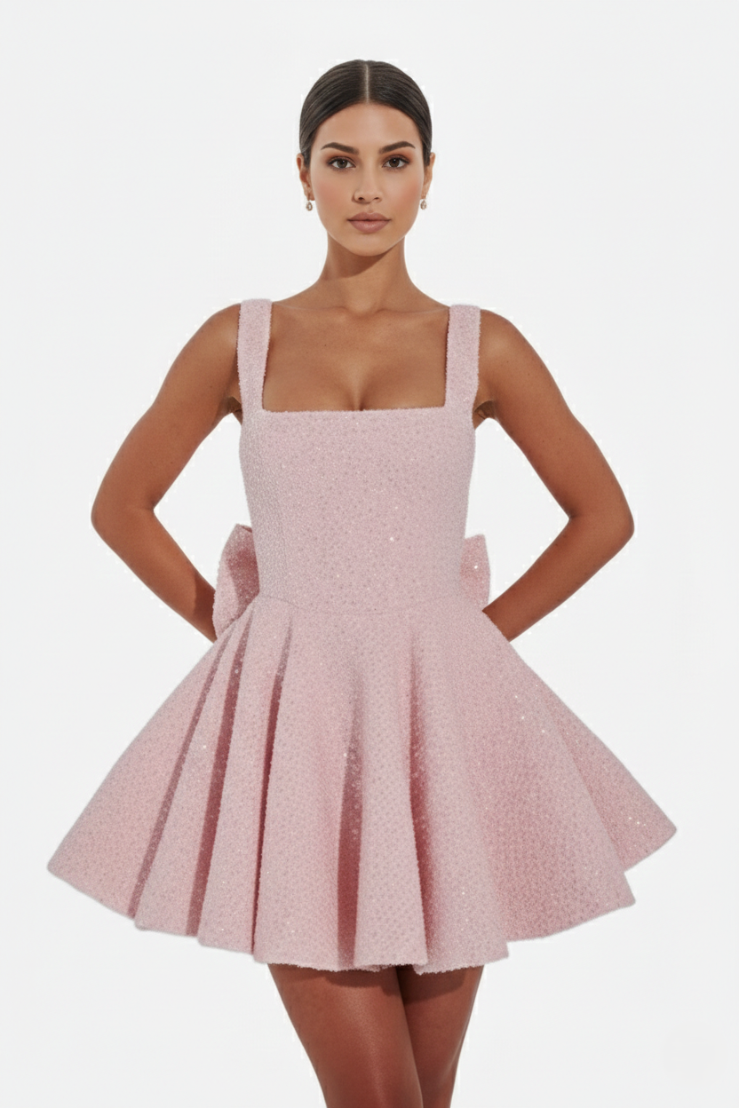 Sequin Square Neck Mini Dress with Structured Skirt and Bow Back Detail - Siopie