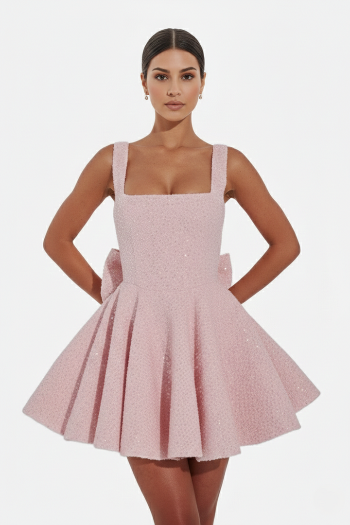 Sequin Square Neck Mini Dress with Structured Skirt and Bow Back Detail - Siopie