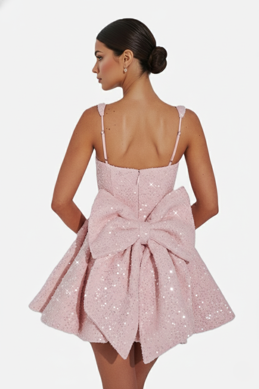 Sequin Square Neck Mini Dress with Structured Skirt and Bow Back Detail - Siopie