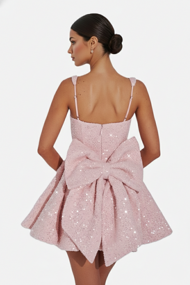 Sequin Square Neck Mini Dress with Structured Skirt and Bow Back Detail - Siopie