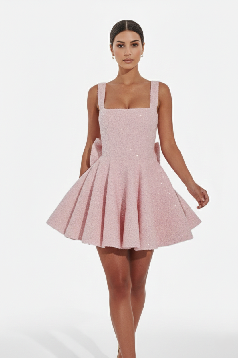 Sequin Square Neck Mini Dress with Structured Skirt and Bow Back Detail - Siopie