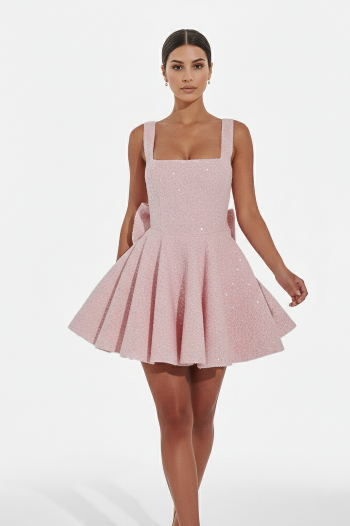 Sequin Square Neck Mini Dress with Structured Skirt and Bow Back Detail - Siopie