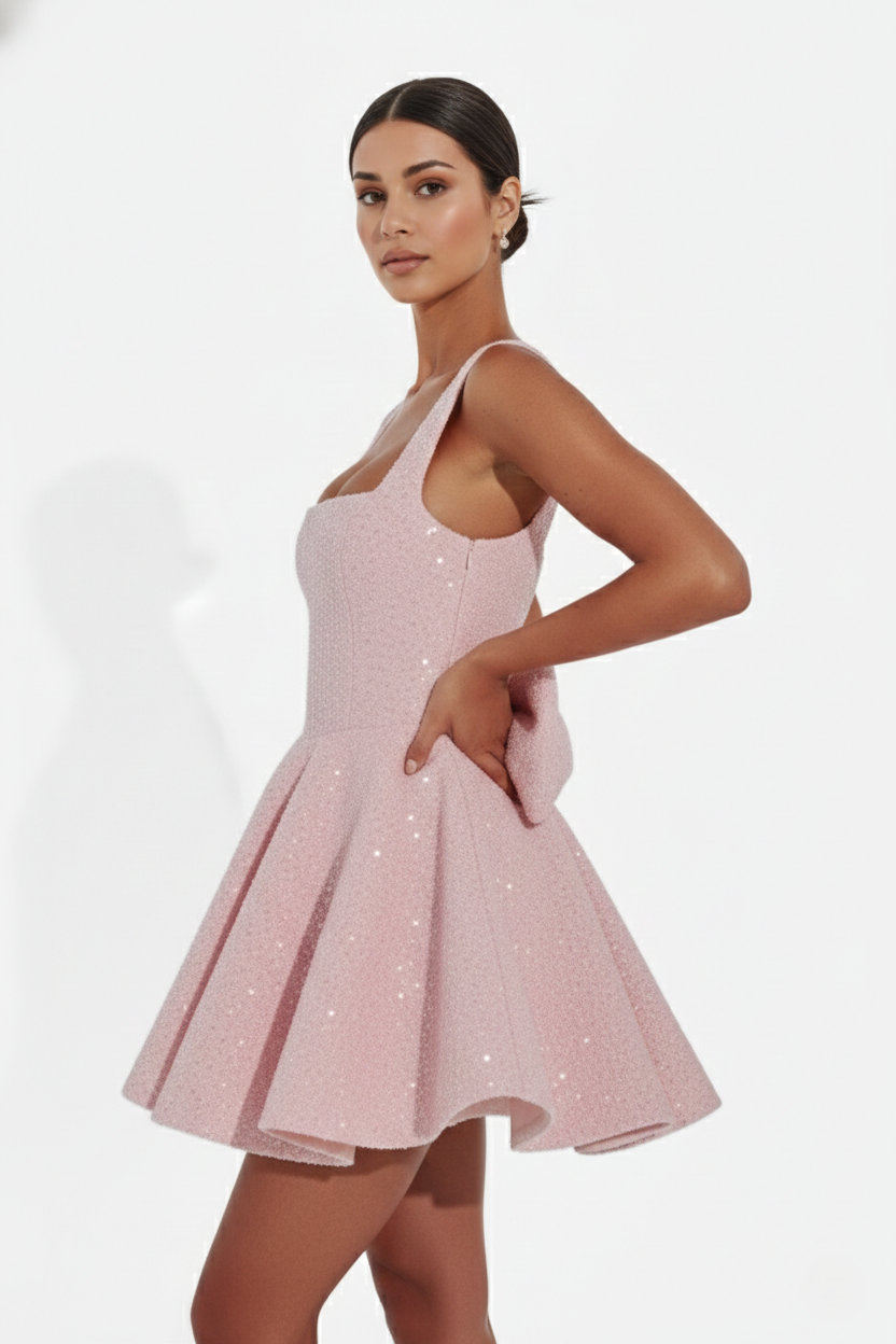 Sequin Square Neck Mini Dress with Structured Skirt and Bow Back Detail - Siopie