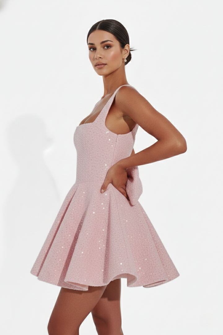 Sequin Square Neck Mini Dress with Structured Skirt and Bow Back Detail - Siopie