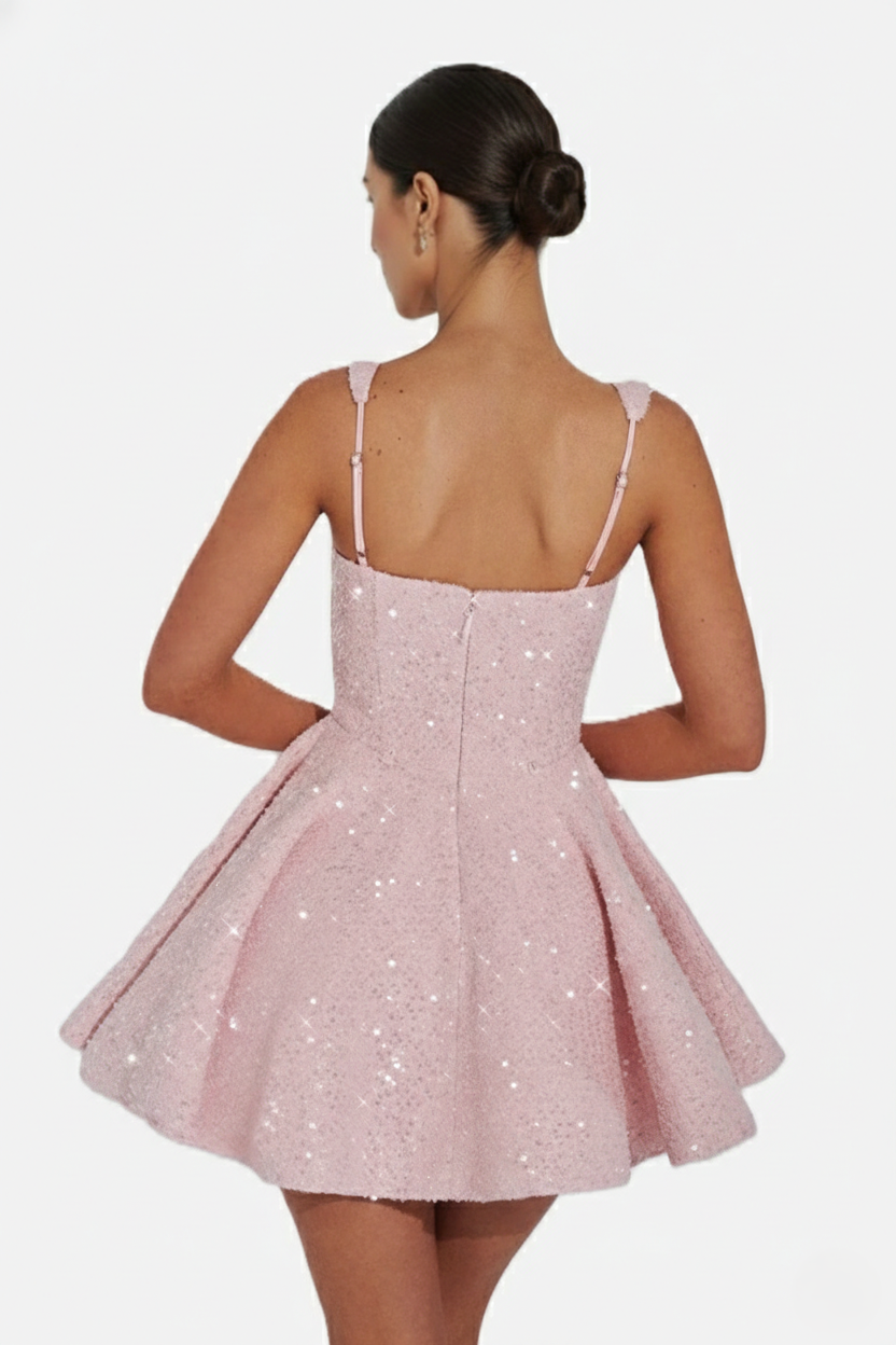 Sequin Square Neck Mini Dress with Structured Skirt and Bow Back Detail - Siopie
