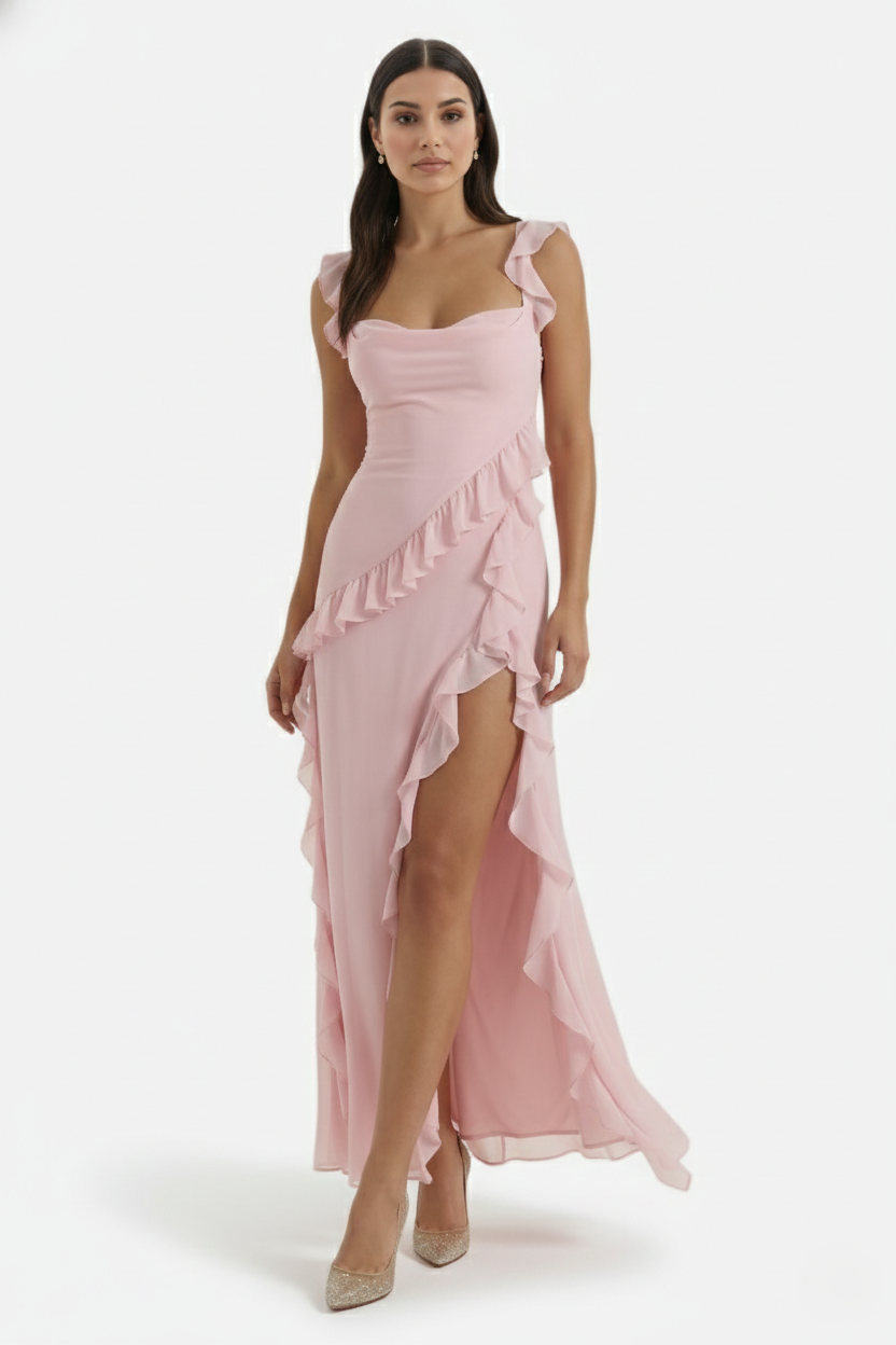 Sleeveless Ruffle Trim Maxi Dress with Front Slit - Siopie