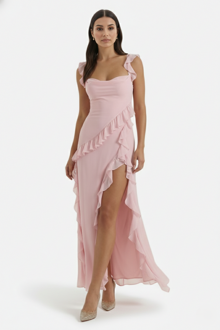 Sleeveless Ruffle Trim Maxi Dress with Front Slit - Siopie