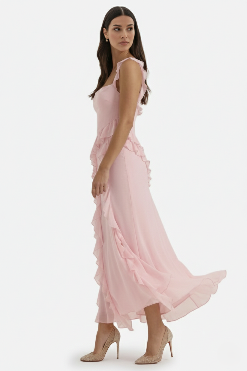 Sleeveless Ruffle Trim Maxi Dress with Front Slit - Siopie