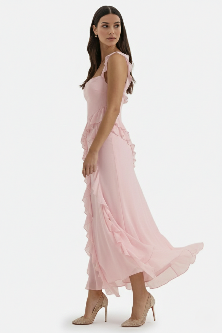 Sleeveless Ruffle Trim Maxi Dress with Front Slit - Siopie