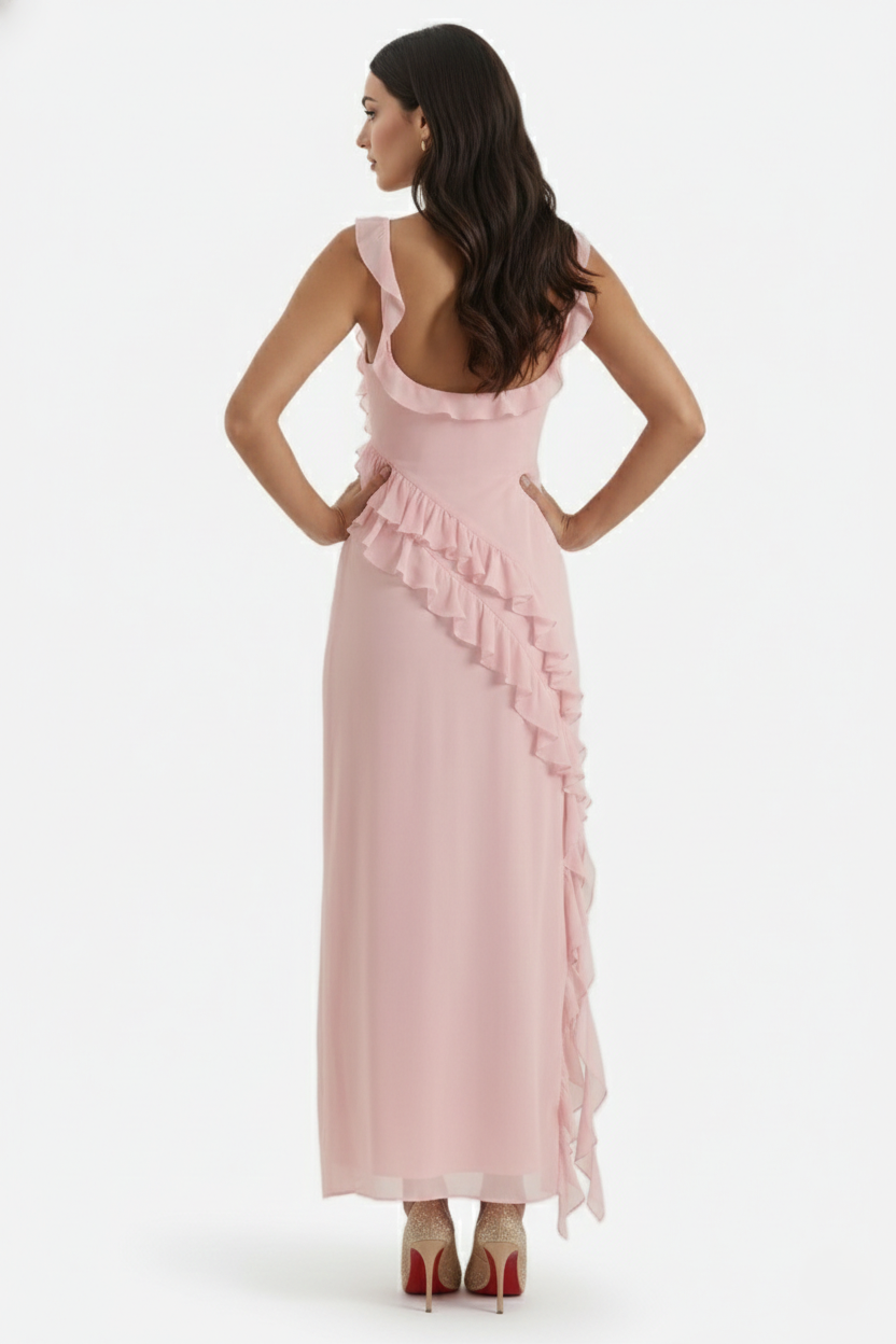 Sleeveless Ruffle Trim Maxi Dress with Front Slit - Siopie