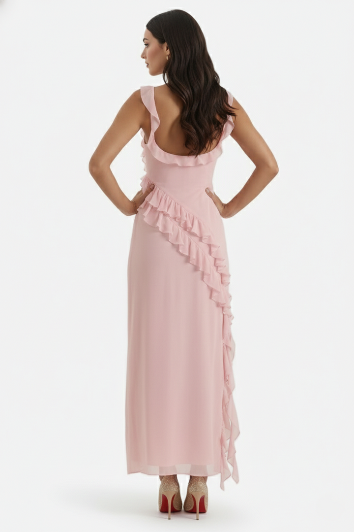 Sleeveless Ruffle Trim Maxi Dress with Front Slit - Siopie