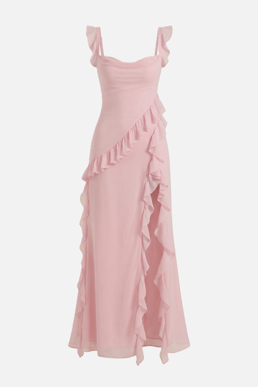 Sleeveless Ruffle Trim Maxi Dress with Front Slit - Siopie