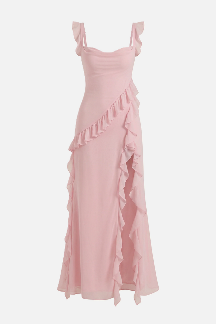 Sleeveless Ruffle Trim Maxi Dress with Front Slit - Siopie