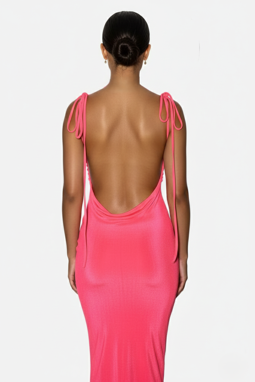 Spaghetti Strap Backless Maxi Dress Long Tie Back - Siopie