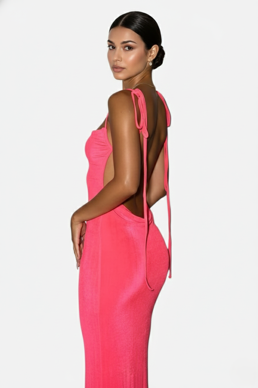 Spaghetti Strap Backless Maxi Dress Long Tie Back - Siopie