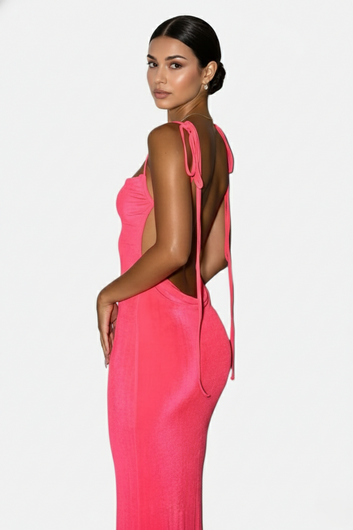 Spaghetti Strap Backless Maxi Dress Long Tie Back - Siopie