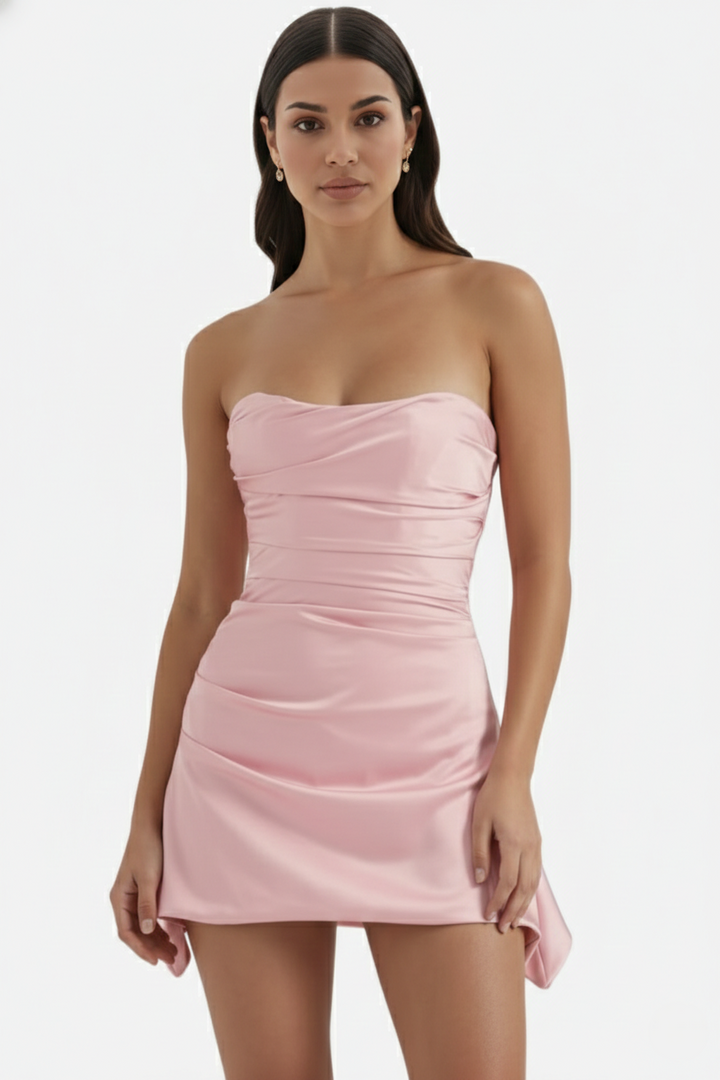 Party Dress Strapless Ruched Draped Mini with Asymmetric Hem - Siopie