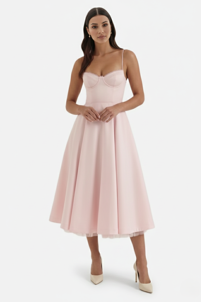 Sweetheart Bustier Midi Dress with Full Circle Skirt and Tulle Hem - Siopie
