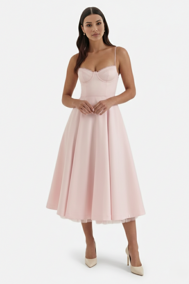 Sweetheart Bustier Midi Dress with Full Circle Skirt and Tulle Hem - Siopie