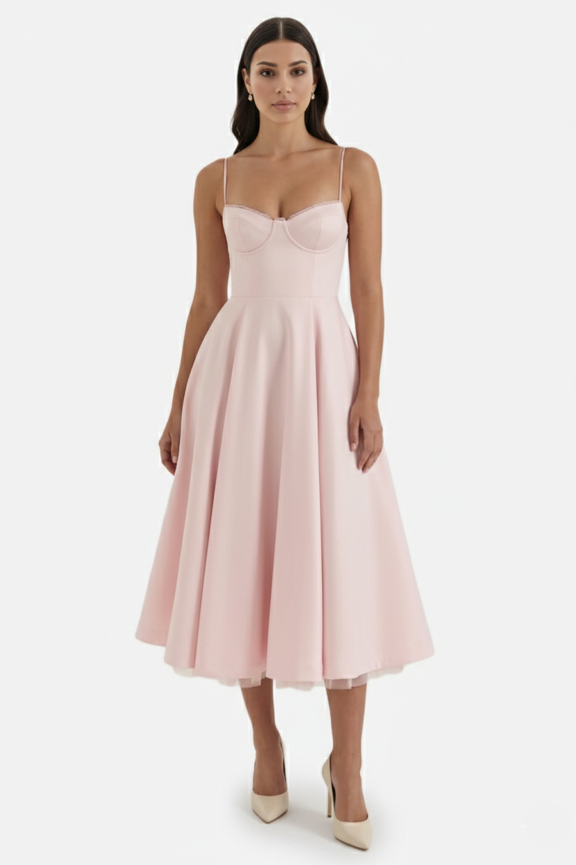 Sweetheart Bustier Midi Dress with Full Circle Skirt and Tulle Hem - Siopie