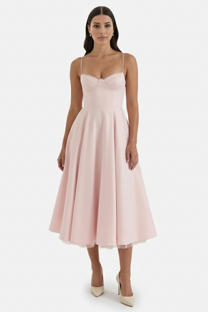 Sweetheart Bustier Midi Dress with Full Circle Skirt and Tulle Hem - Siopie