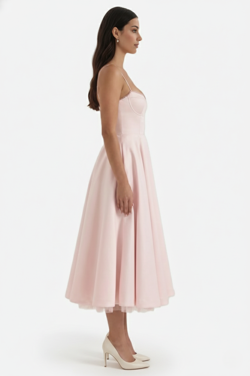 Sweetheart Bustier Midi Dress with Full Circle Skirt and Tulle Hem - Siopie