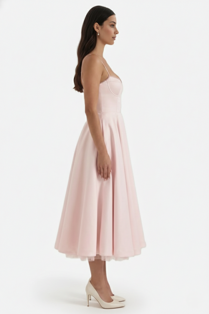 Sweetheart Bustier Midi Dress with Full Circle Skirt and Tulle Hem - Siopie
