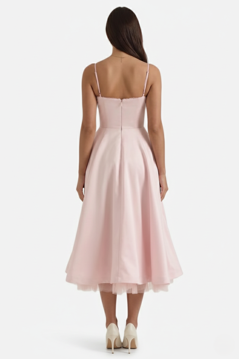 Sweetheart Bustier Midi Dress with Full Circle Skirt and Tulle Hem - Siopie
