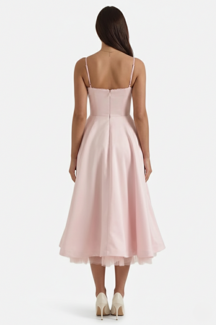 Sweetheart Bustier Midi Dress with Full Circle Skirt and Tulle Hem - Siopie