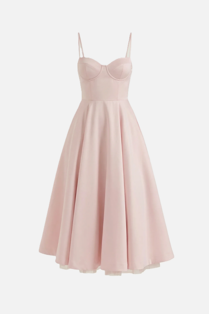 Sweetheart Bustier Midi Dress with Full Circle Skirt and Tulle Hem - Siopie