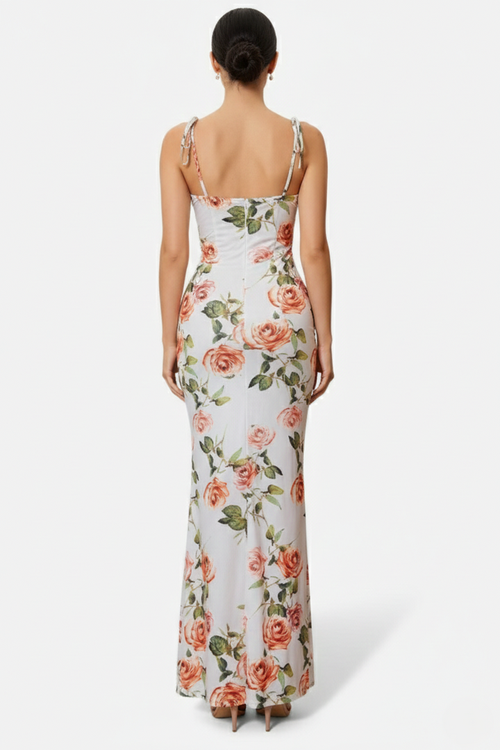 Floral Spaghetti Strap Bodycon Mermaid Maxi Dress Ruched Bodice - Siopie