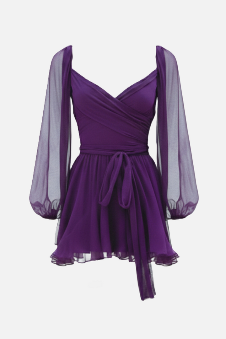 Chiffon Puff Sleeve Lace-Up Back Ruffle Mini Dress - Siopie
