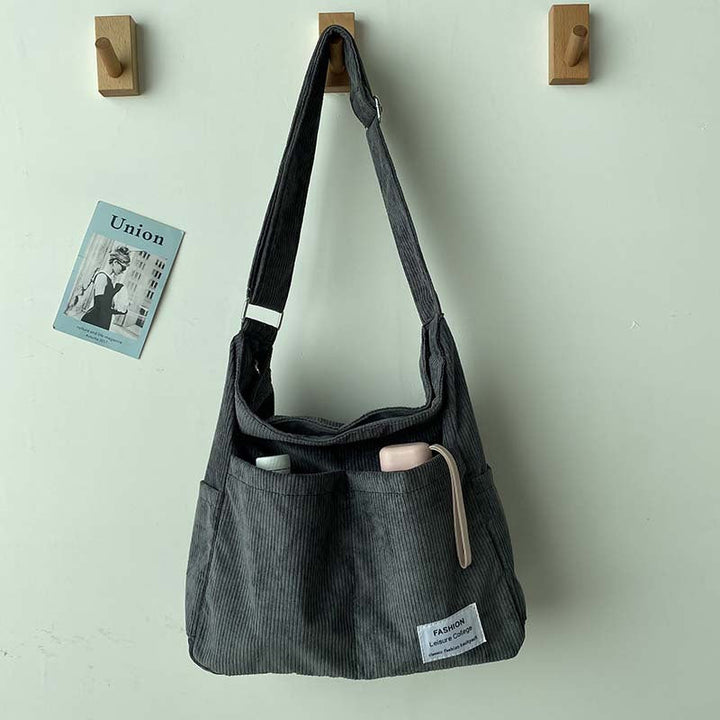 Sorvienne Large Front Pocket Cord Shoulder Bag in Charcoal