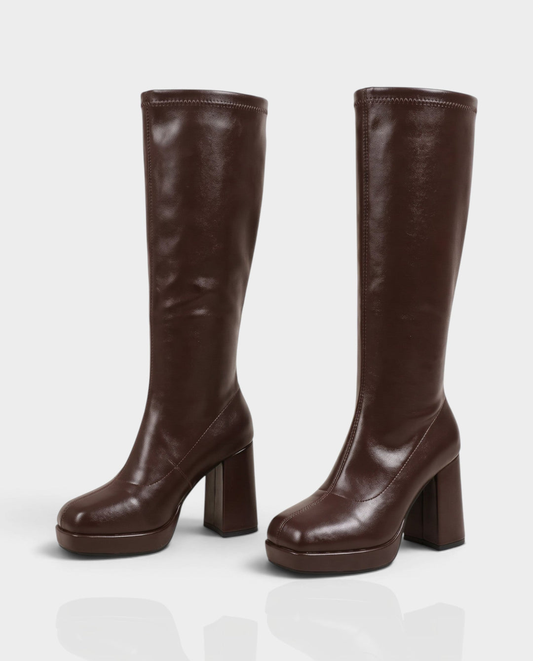 Sorvienne Square Toe Platform Knee High Boots in Brown