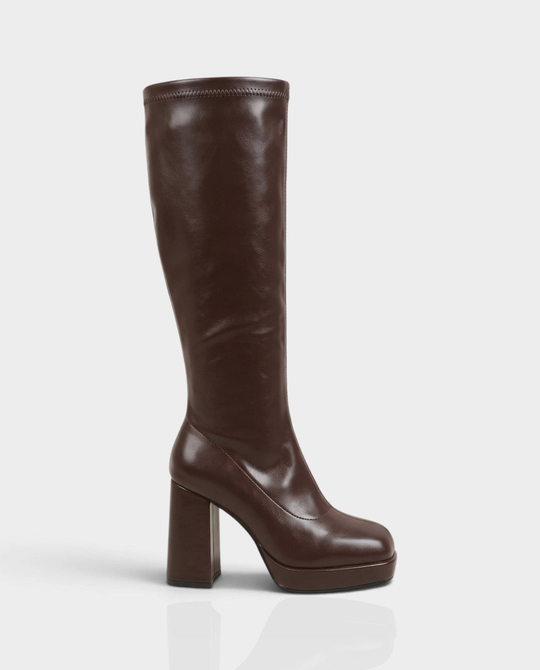 Sorvienne Square Toe Platform Knee High Boots in Brown