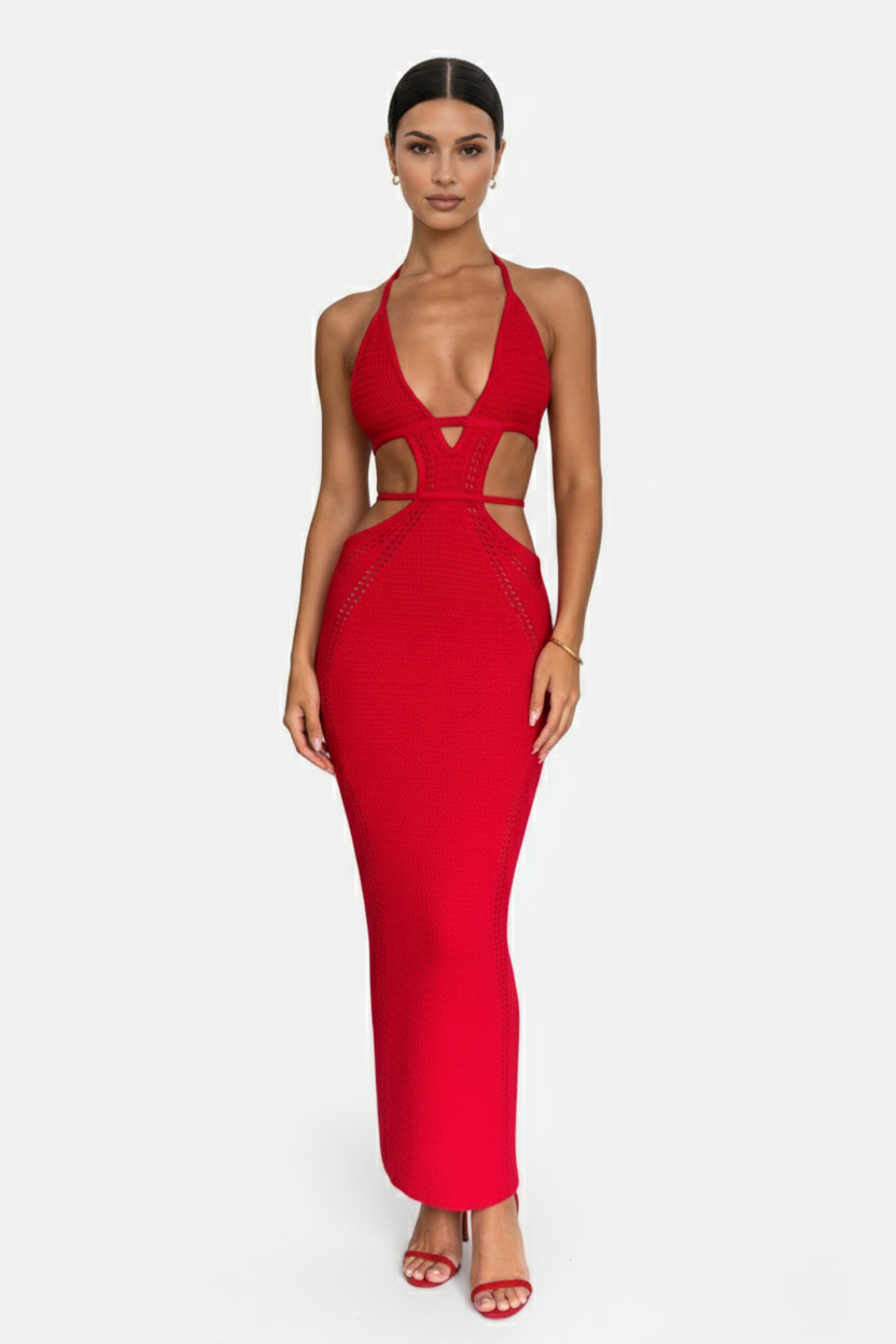 Crochet Cutout Halter Neck Backless Bodycon Maxi Dress  - Siopie