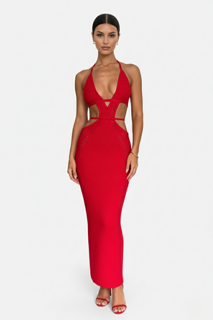 Crochet Cutout Halter Neck Backless Bodycon Maxi Dress  - Siopie