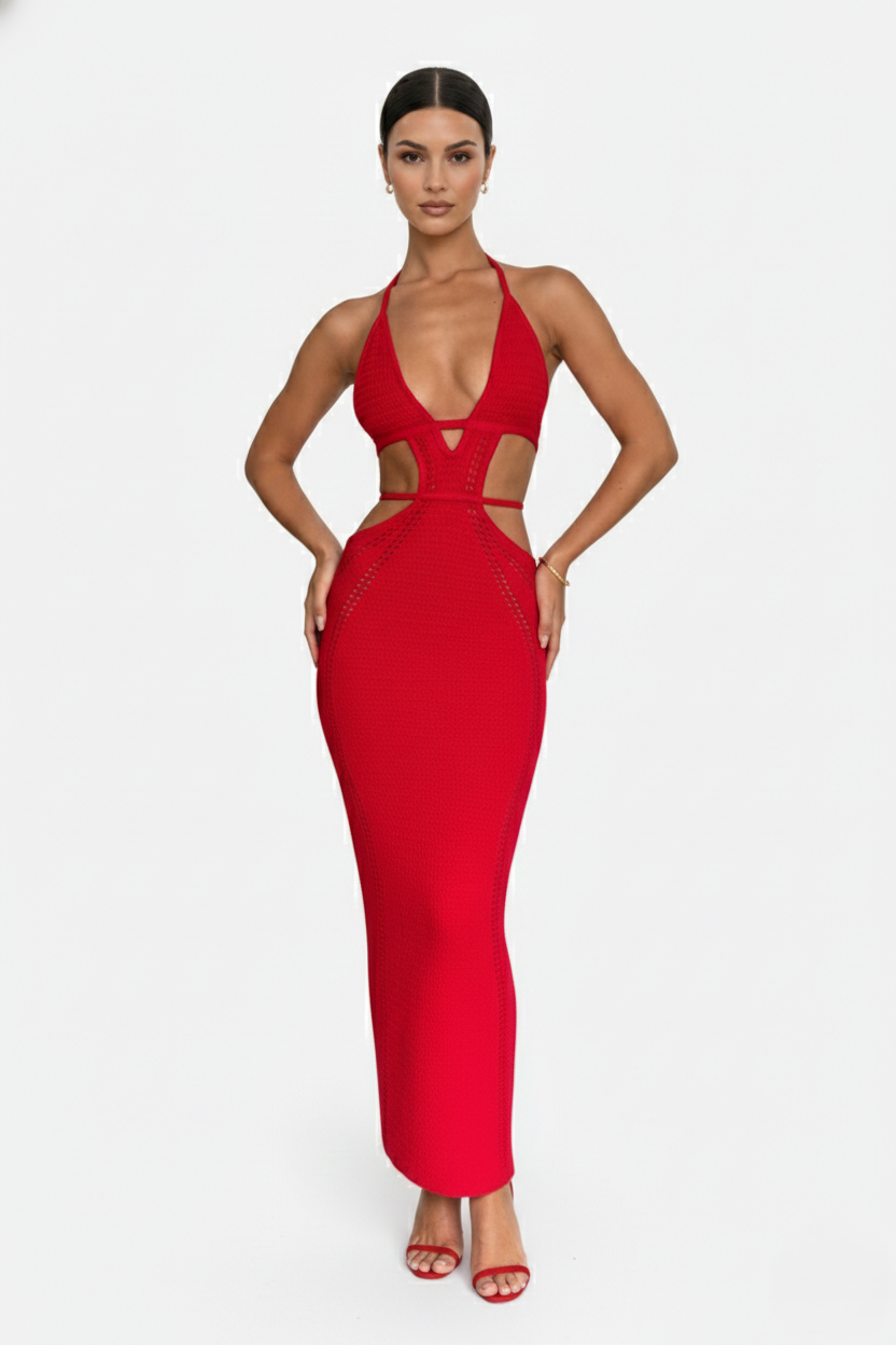 Crochet Cutout Halter Neck Backless Bodycon Maxi Dress  - Siopie