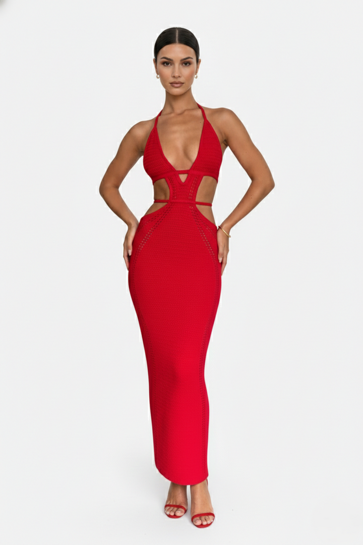 Crochet Cutout Halter Neck Backless Bodycon Maxi Dress  - Siopie