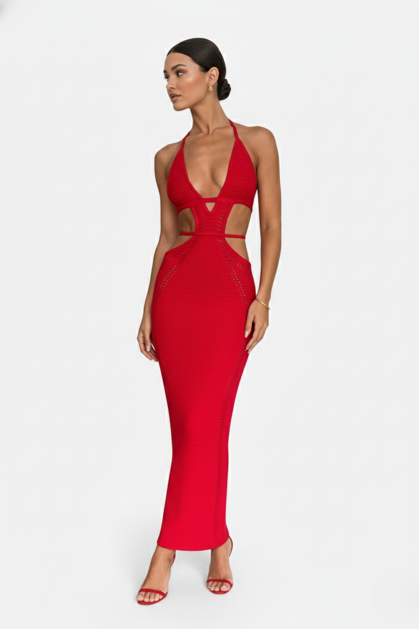 Crochet Cutout Halter Neck Backless Bodycon Maxi Dress  - Siopie