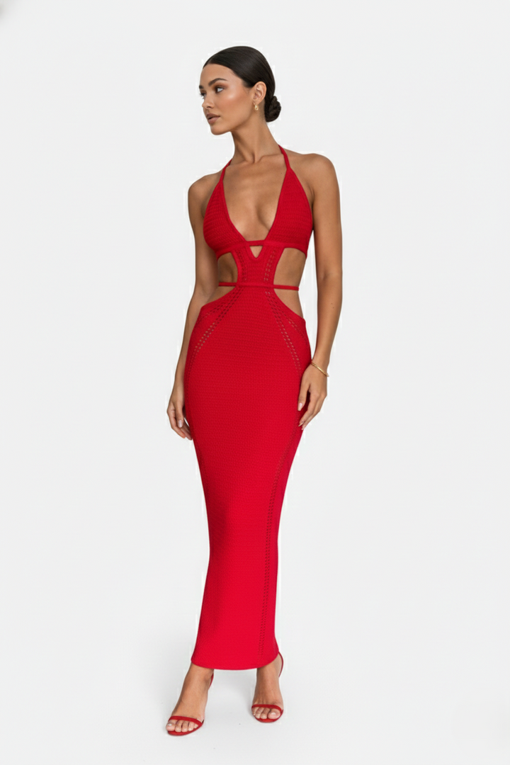 Crochet Cutout Halter Neck Backless Bodycon Maxi Dress  - Siopie
