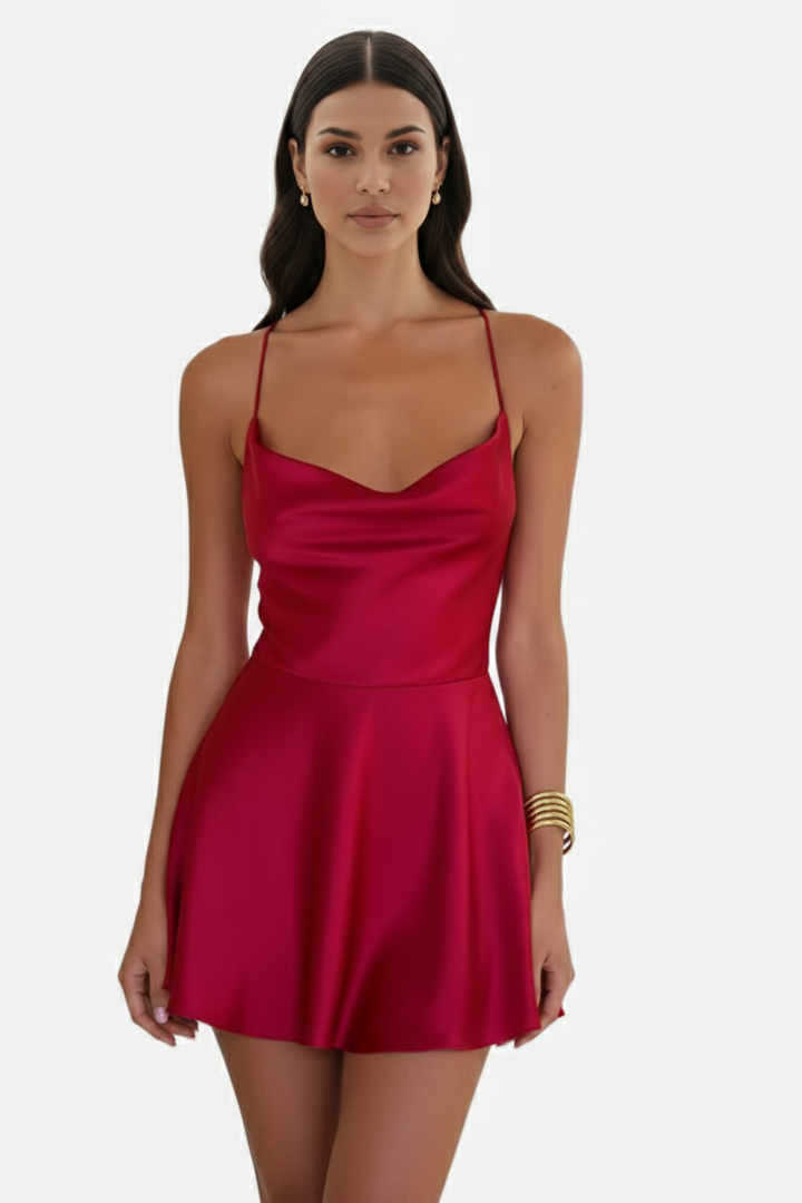 Satin Spaghetti Strap Tiered Mini Dress with Lace Up Back - Siopie