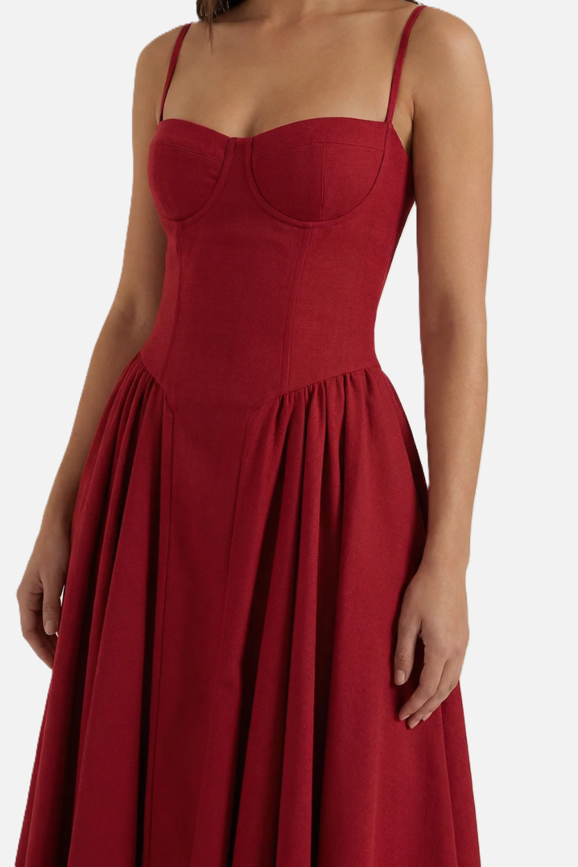 Basque Waist Corset Midi Dress with Spaghetti Straps - Pleated Party Style - Siopie